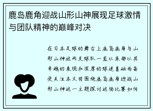 鹿岛鹿角迎战山形山神展现足球激情与团队精神的巅峰对决