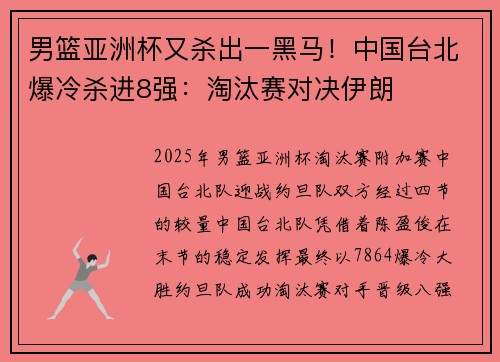 男篮亚洲杯又杀出一黑马！中国台北爆冷杀进8强：淘汰赛对决伊朗